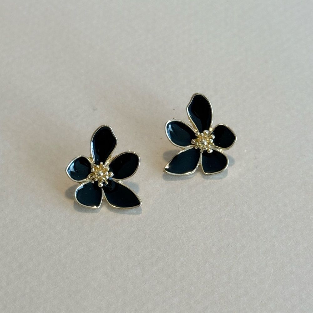 Anthropologie Black and Gold Enamel Flower Stud Earrings